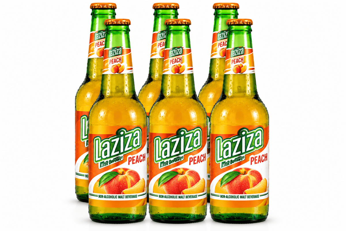 Laziza Peach Flavor Non-Alcoholic Malt Beverage – 6 Pack, 11.2 fl oz (330 mL) Glass Bottles