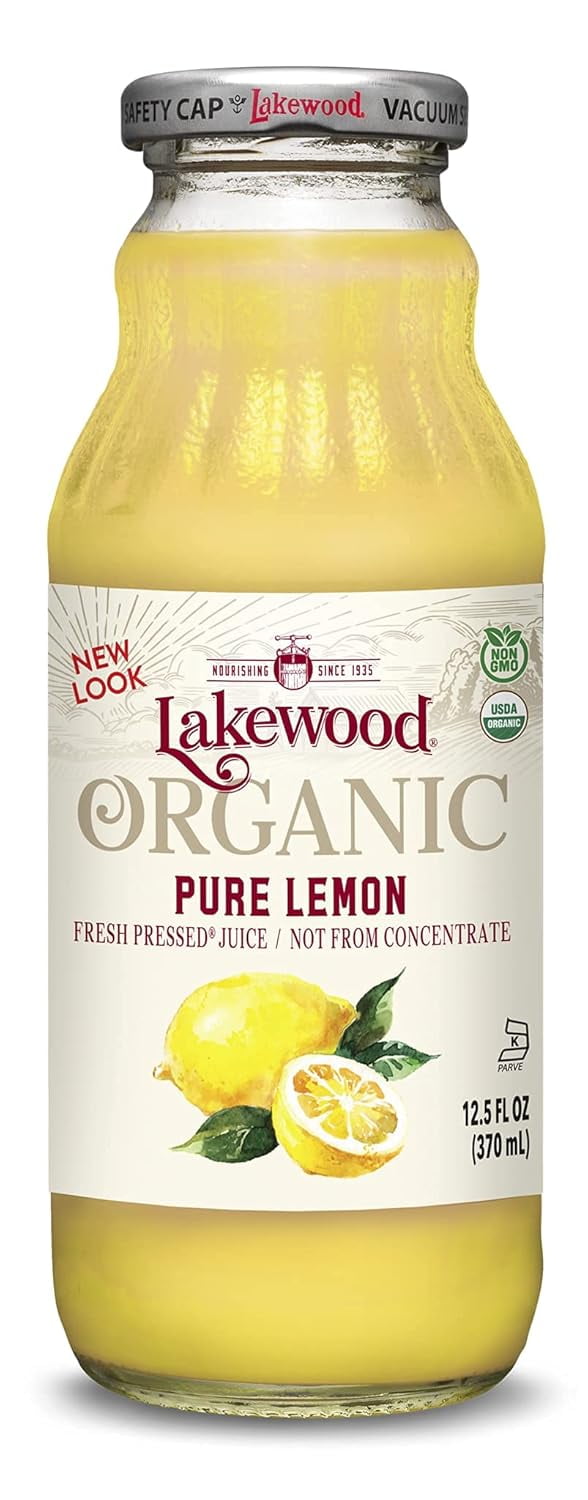 Lakewood Organic Fresh Pressed Pure Lemon Juice 4 Glass Bottles 12.5 FL OZ/370 mL