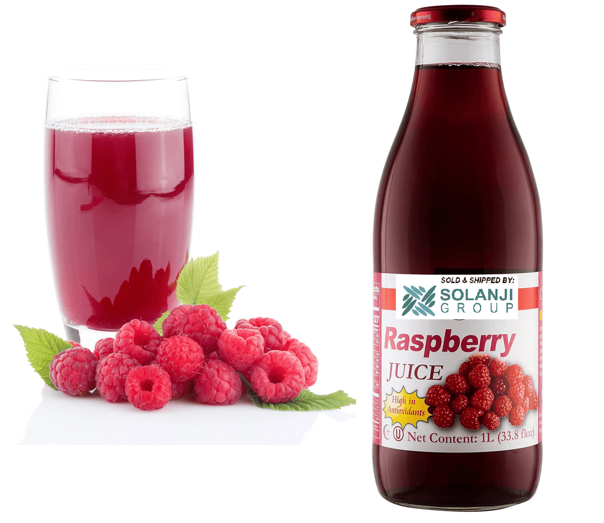 Raspberry Juice Net 33.8 fl.oz (1 Ltr.) - Four (4) Glass Bottles - High in Antioxidants