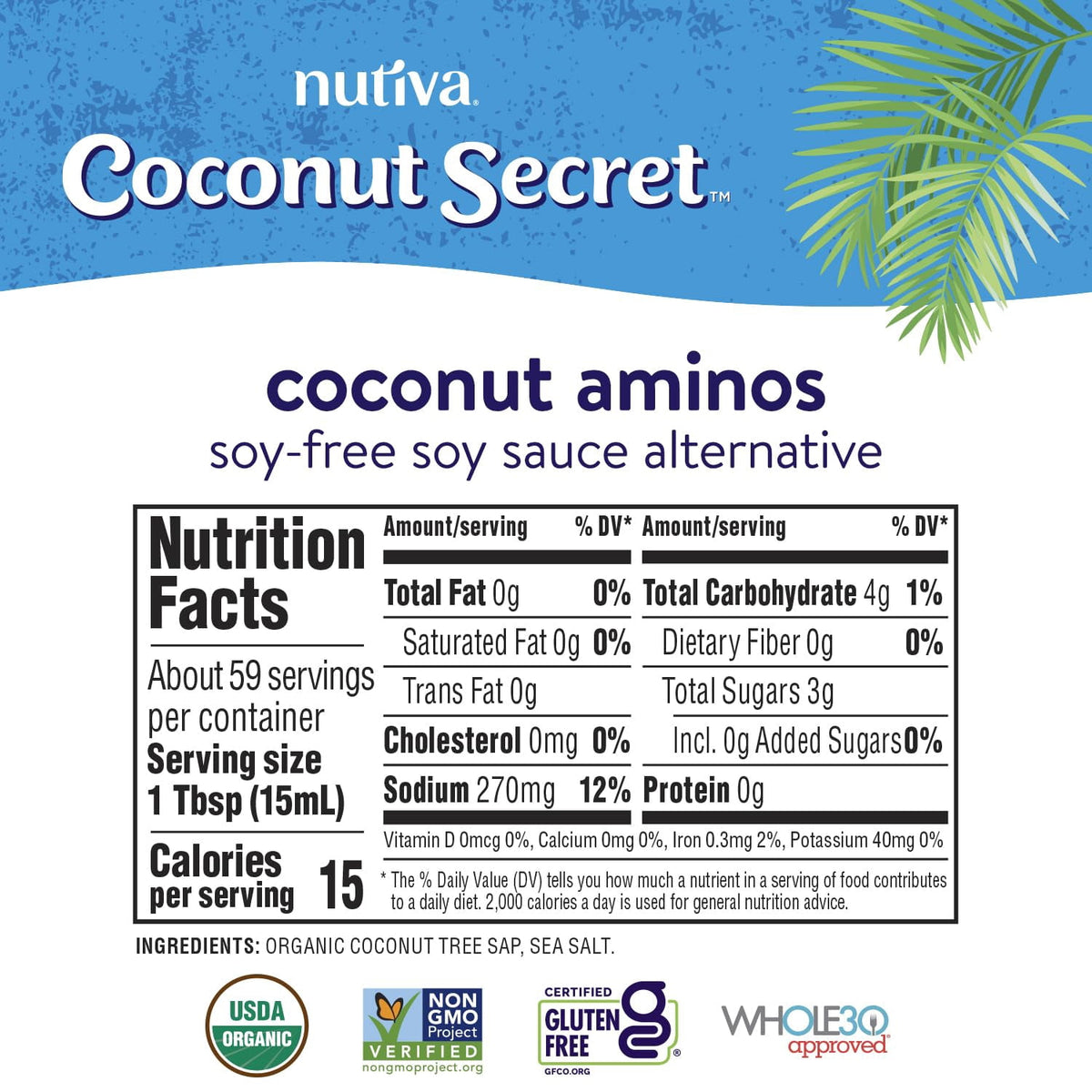 Organic Coconut Aminos Seasoning Sauce & Marinade, One (1) Glass Bottle NT.WT 32 Fl.Oz, (887mL)