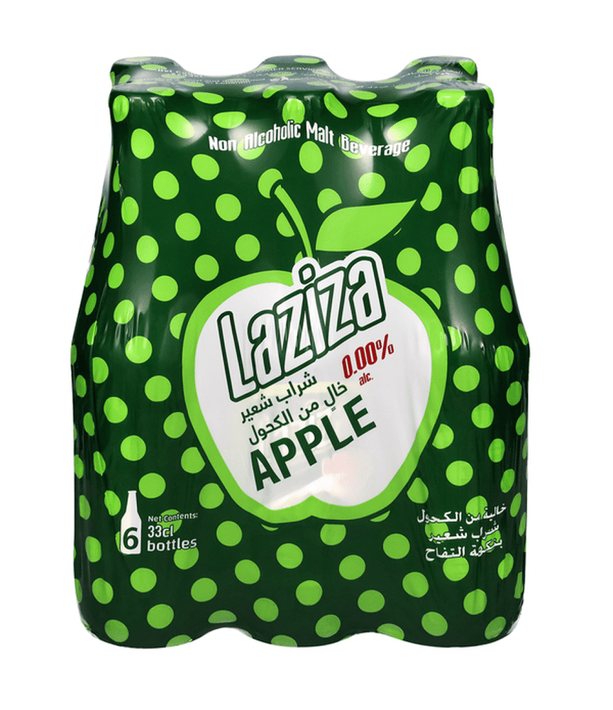 Laziza Apple Flavor Non-Alcoholic Malt Beverage – 6 Pack, 11.2 fl oz (330 mL) Glass Bottles