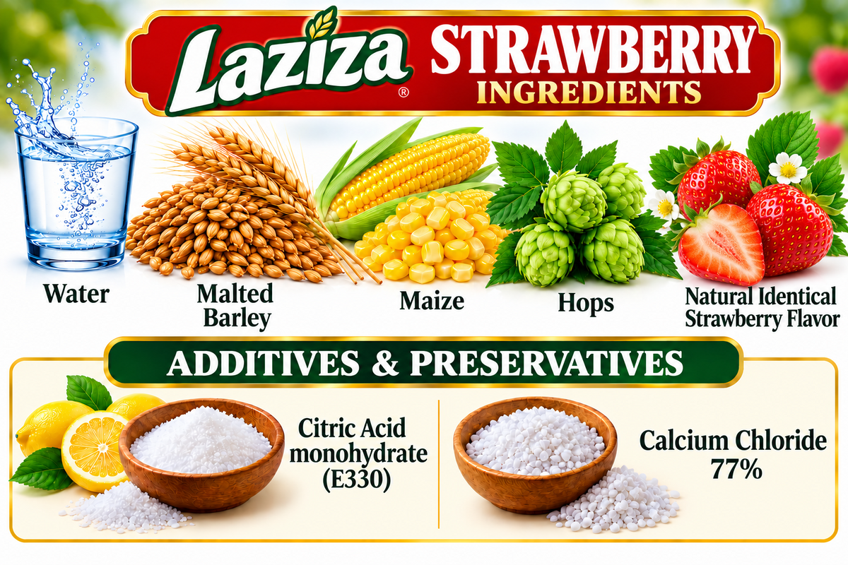 Laziza Strawberry Flavor Malt Beverage, One 6-Pack 11.2 Fl. oz. (330ml) Glass Bottles