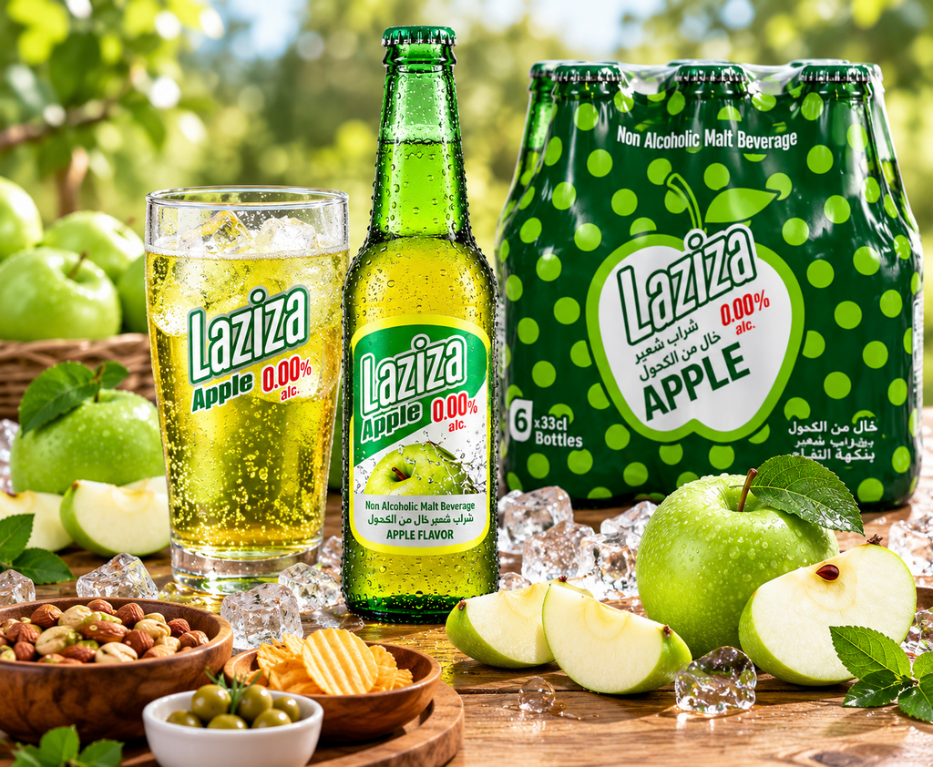 Laziza Apple Flavor Non-Alcoholic Malt Beverage – 6 Pack, 11.2 fl oz (330 mL) Glass Bottles
