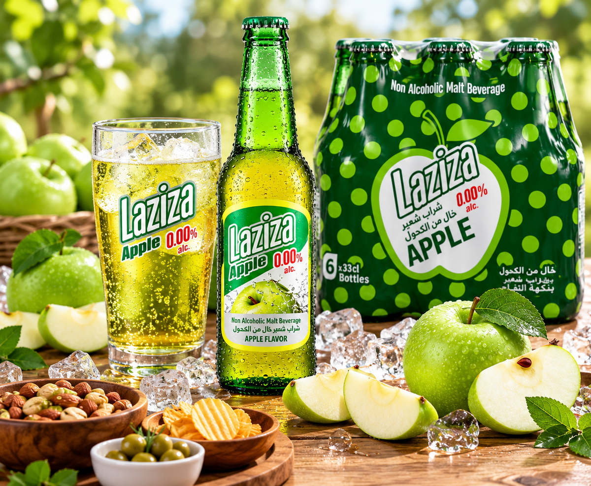Laziza Apple Flavor Non-Alcoholic Malt Beverage – 6 Pack, 11.2 fl oz (330 mL) Glass Bottles