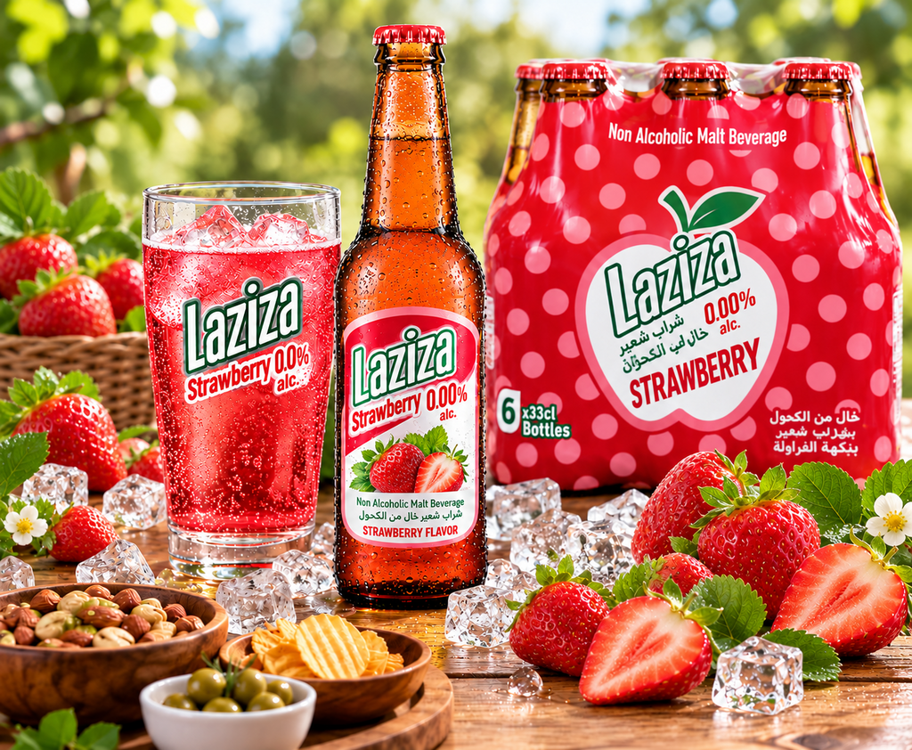 Laziza Strawberry Flavor Malt Beverage, One 6-Pack 11.2 Fl. oz. (330ml) Glass Bottles