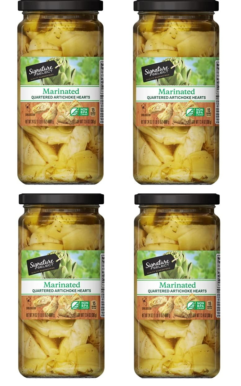 Artichoke Hearts Marinated Quartered Four (4) Glass Jars - 24 Oz. (680g) - DR,WT, 13.4oz. (379g)