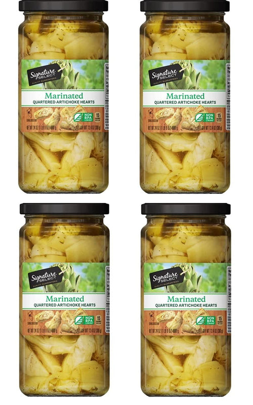 Artichoke Hearts Marinated Quartered Four (4) Glass Jars - 24 Oz. (680g) - DR,WT, 13.4oz. (379g)