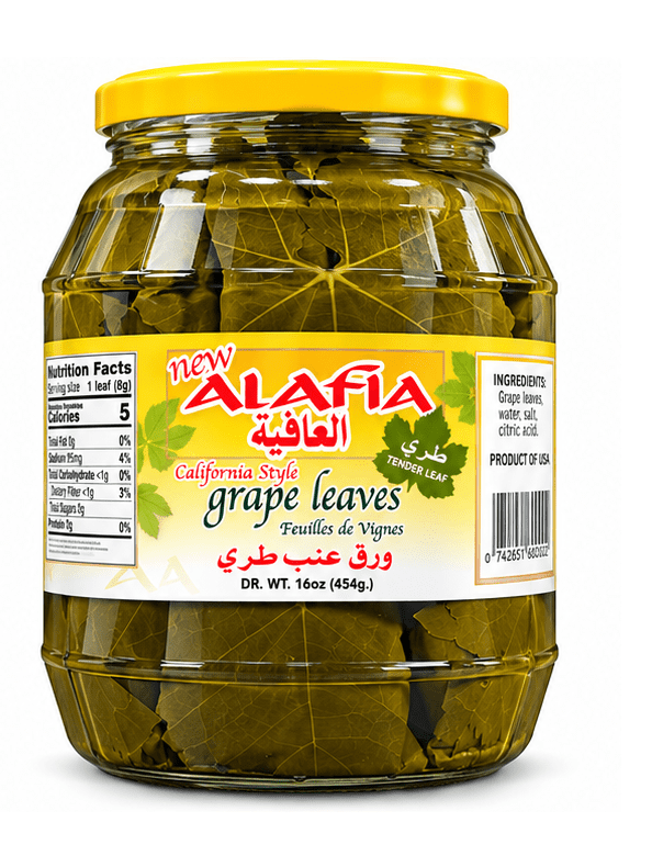 Grape Leaves, Al Afia California Style, DR. WT.16 oz (454g) Pack of 1 Glass Jar