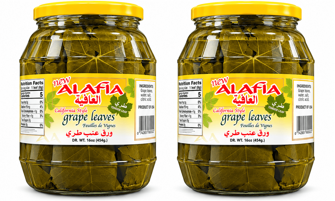 Grape Leaves, Al Afia California Style, DR. WT.16 oz (454g) Pack of 2 Glass Jars