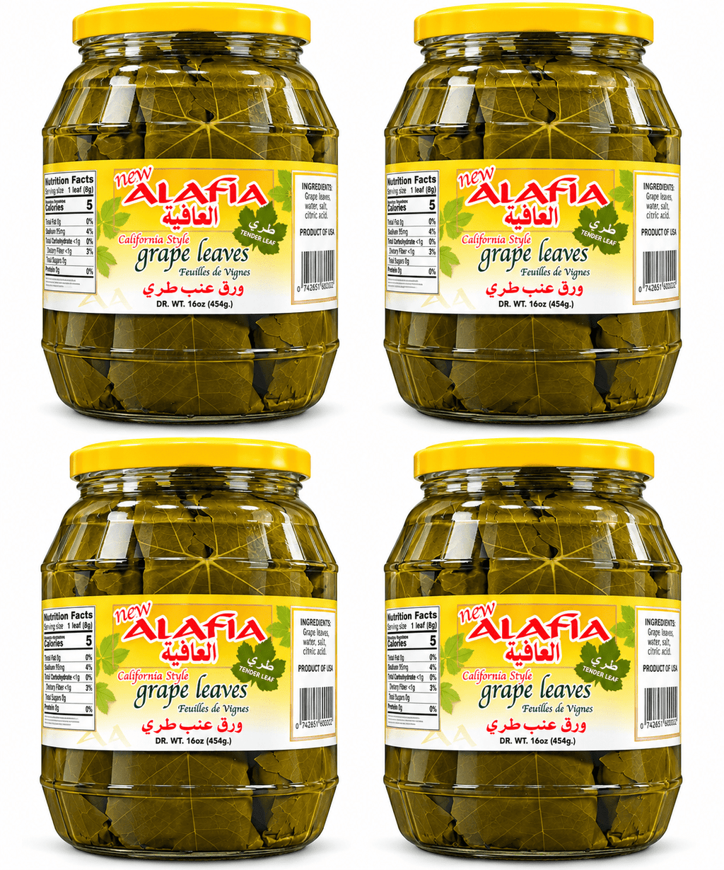 Grape Leaves, Al Afia California Style, DR. WT.16 oz (454g) Pack of 4 Glass Jars