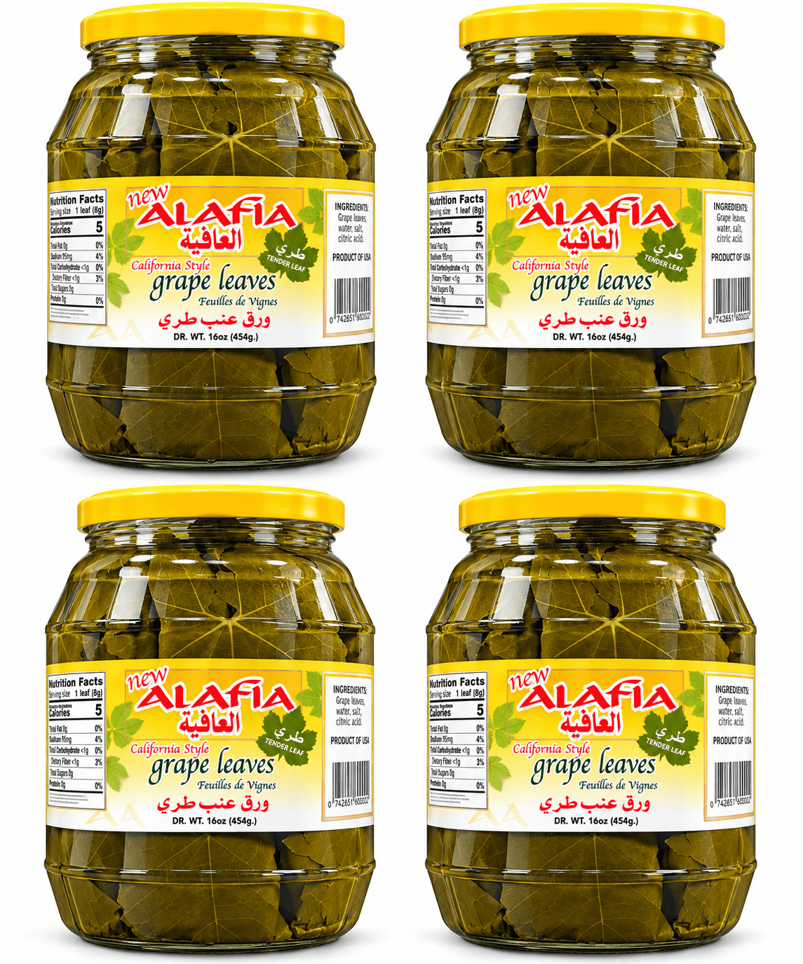 Grape Leaves, Al Afia California Style, DR. WT.16 oz (454g) Pack of 4 Glass Jars