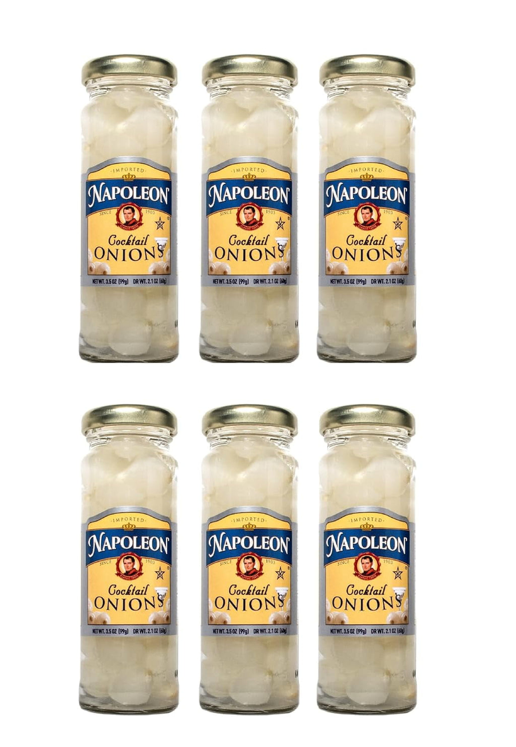 Imported Cocktail Onions 6 Small Glass Jars NT. WT. 3.2 oz. DR. NT.WT. 2.1 oz.