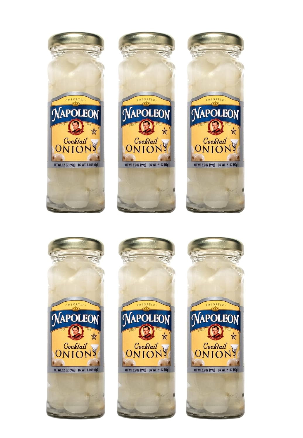 Imported Cocktail Onions 6 Small Glass Jars NT. WT. 3.2 oz. DR. NT.WT. 2.1 oz.