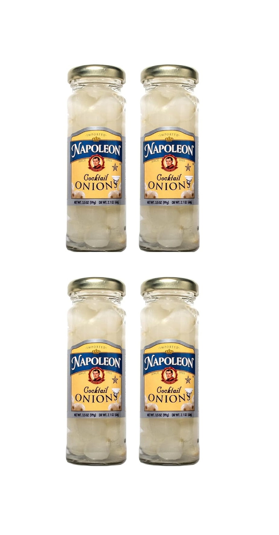 Imported Cocktail Onions Four (4) Small Glass Jars NT. WT. 3.2 oz. DR. NT.WT. 2.1 oz.