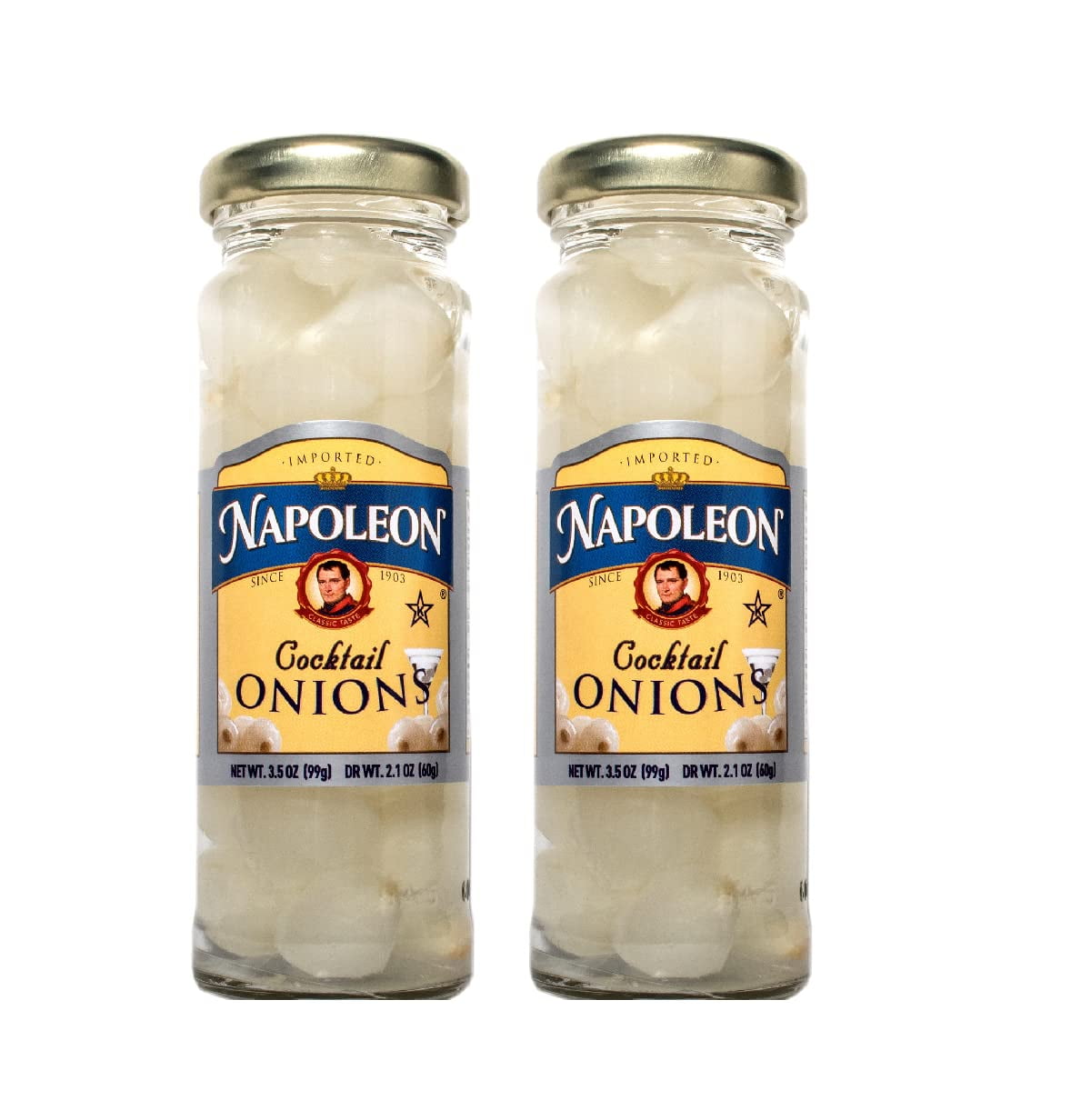 Imported Cocktail Onions Two (2) Small Glass Jars NT. WT. 3.2 oz. DR. NT.WT. 2.1 oz.