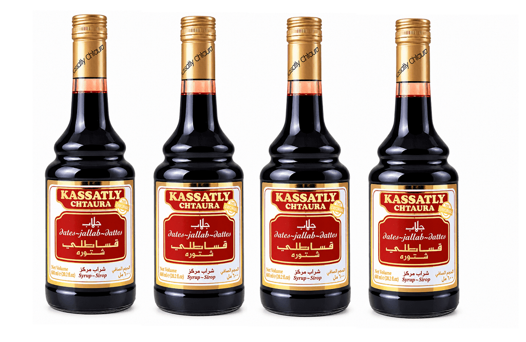 Kassatly Chtaura Original Lebanese Jallab Date Syrup, Traditional Middle Eastern Drink Concentrate, 20.2 fl oz (600 mL) Glass Bottles, Pack of 4