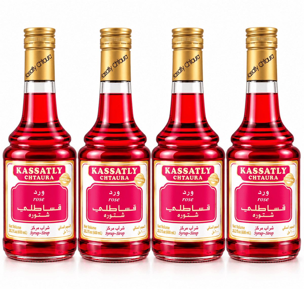 Kassatly Chtaura Original Lebanese Rose Syrup, Traditional Middle Eastern Drink Concentrate, 20.2 fl oz (600 mL) Glass Bottles, Pack of 4