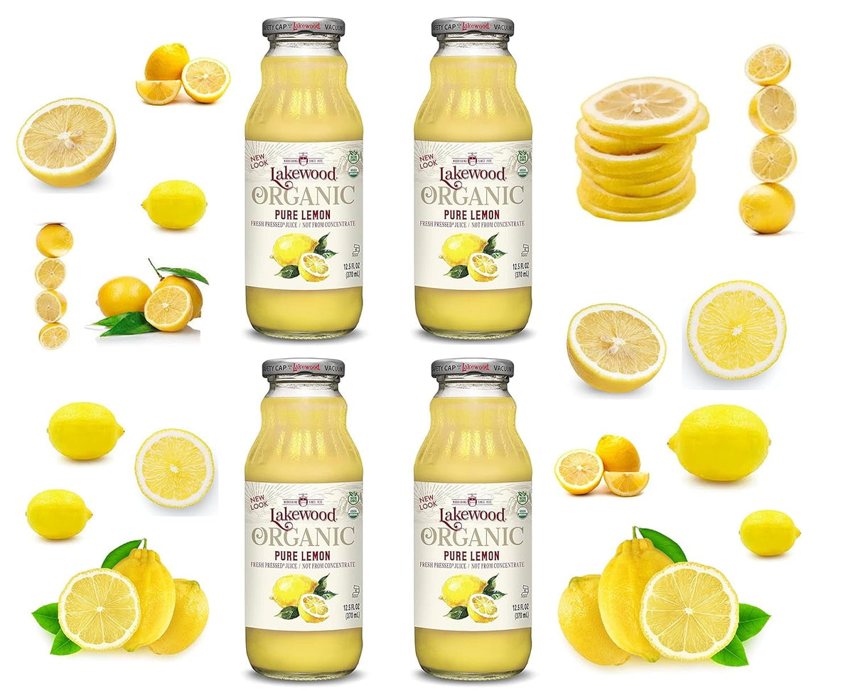 Lakewood Organic Fresh Pressed Pure Lemon Juice 4 Glass Bottles 12.5 FL OZ/370 mL
