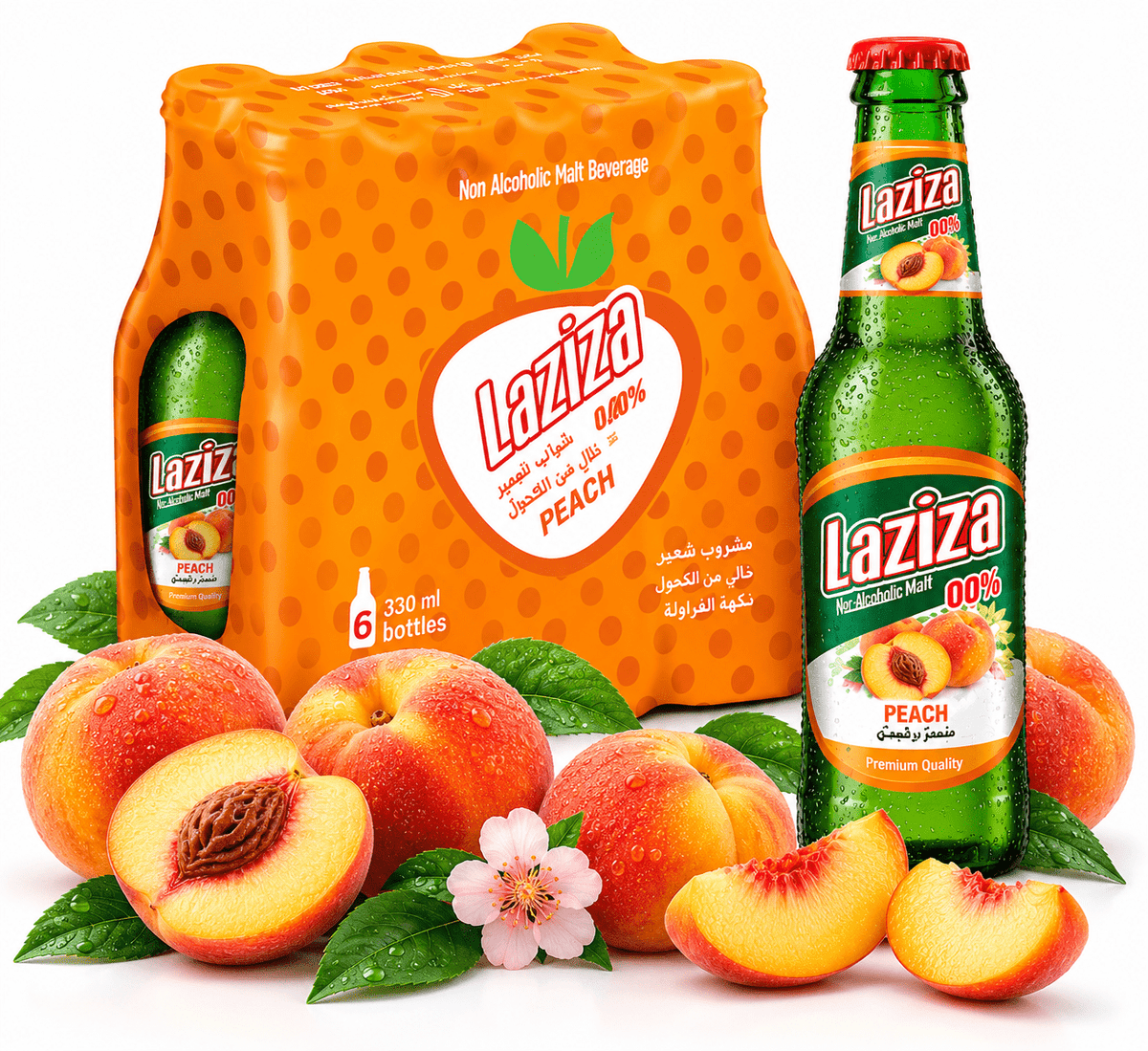 Laziza Peach Flavor Non-Alcoholic Malt Beverage – 6 Pack, 11.2 fl oz (330 mL) Glass Bottles