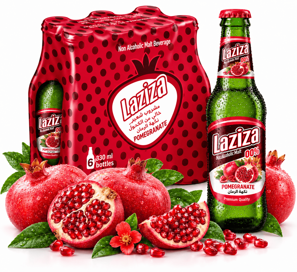 Laziza Pomegranate Flavor Non-Alcoholic Malt Beverage – 6 Pack, 11.2 fl oz (330 mL) Glass Bottles