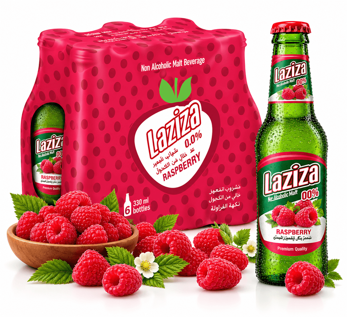 Laziza Raspberry Flavor Malt Beverage Carbonated 6-Pack 11 fl oz (330ml) Glass Bottles
