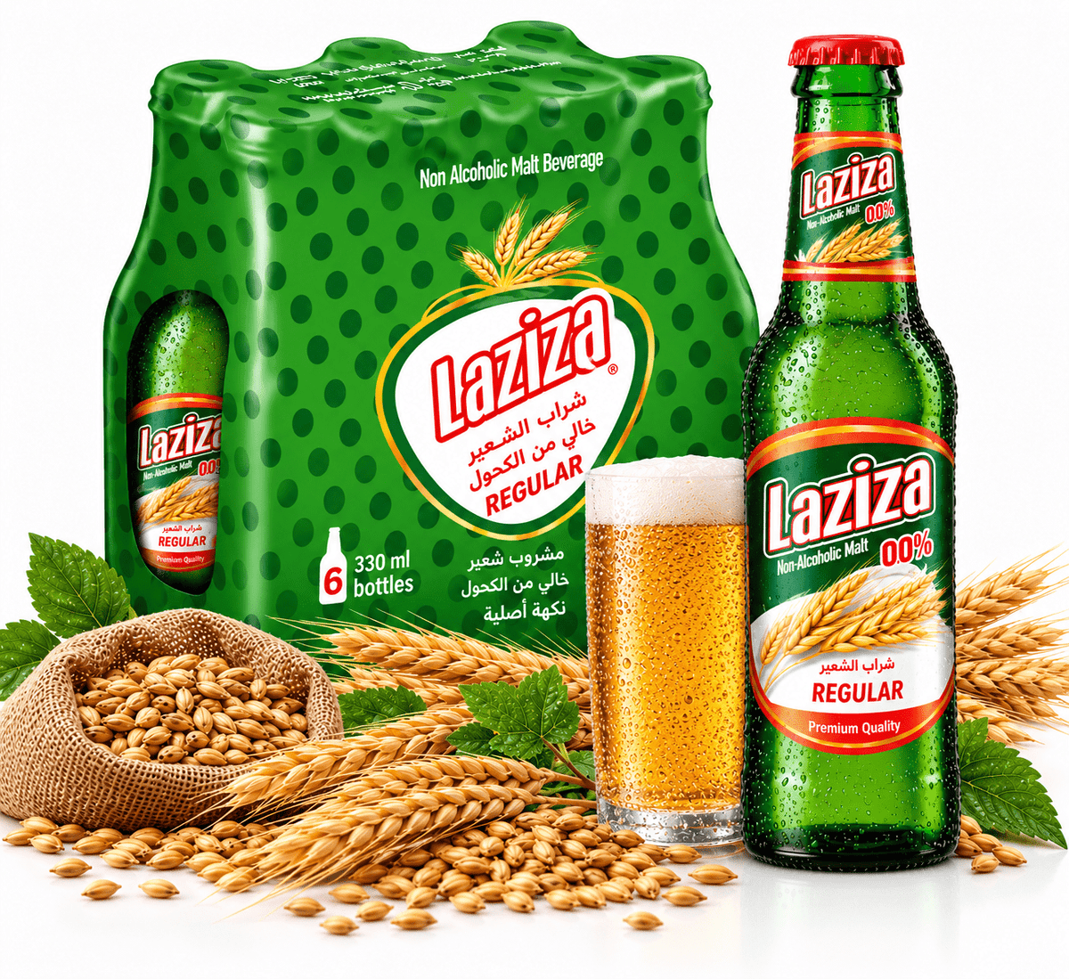 Laziza Regular Malt Beverage, One 6-Pack 11.2 Fl. oz. (330ml) Glass Bottles