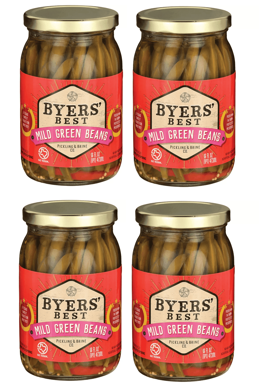 Mild Pickled Green Beans with Garlic and Spices - Four (4) 16oz (454g) Glass Jars