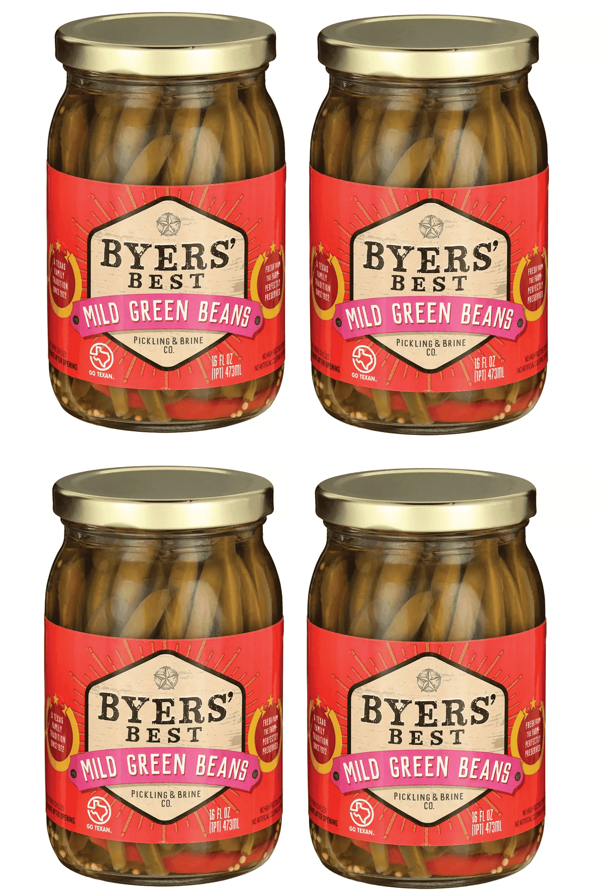 Mild Pickled Green Beans with Garlic and Spices - Four (4) 16oz (454g) Glass Jars
