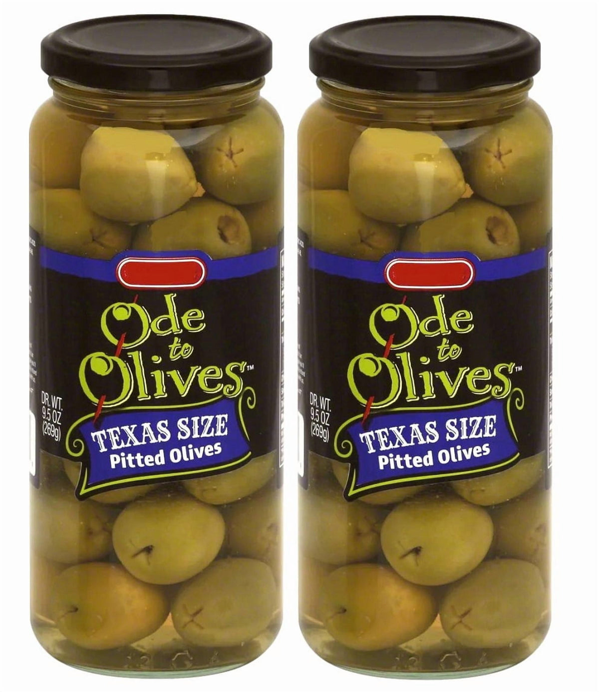 Ode to Olives Texas Size Pitted Green Olives 2 Glass Jars - DR. WT. 9.5 oz ( 269g