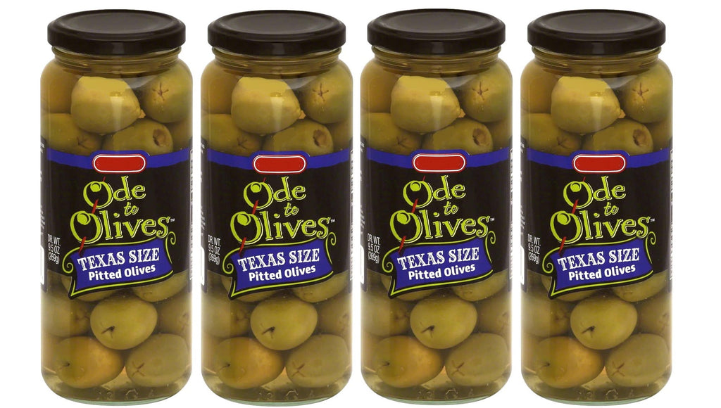 Ode to Olives Texas Size Pitted Green Olives 4 Glass Jars - DR. WT. 9.5 oz ( 269g)