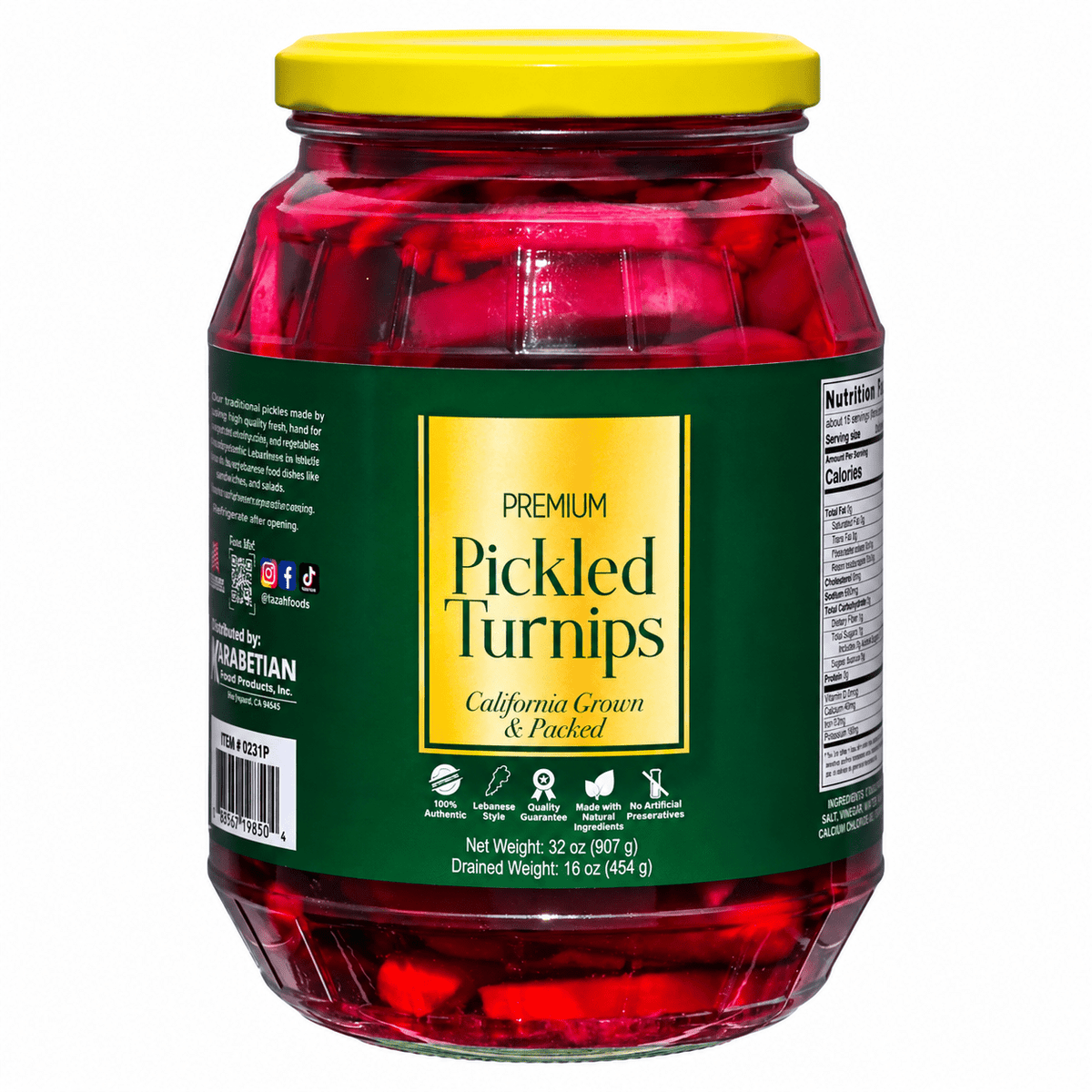 Pickled Turnips Lebanese Style One (1) Single Glass Jar 32oz - Drain Wt. 16oz