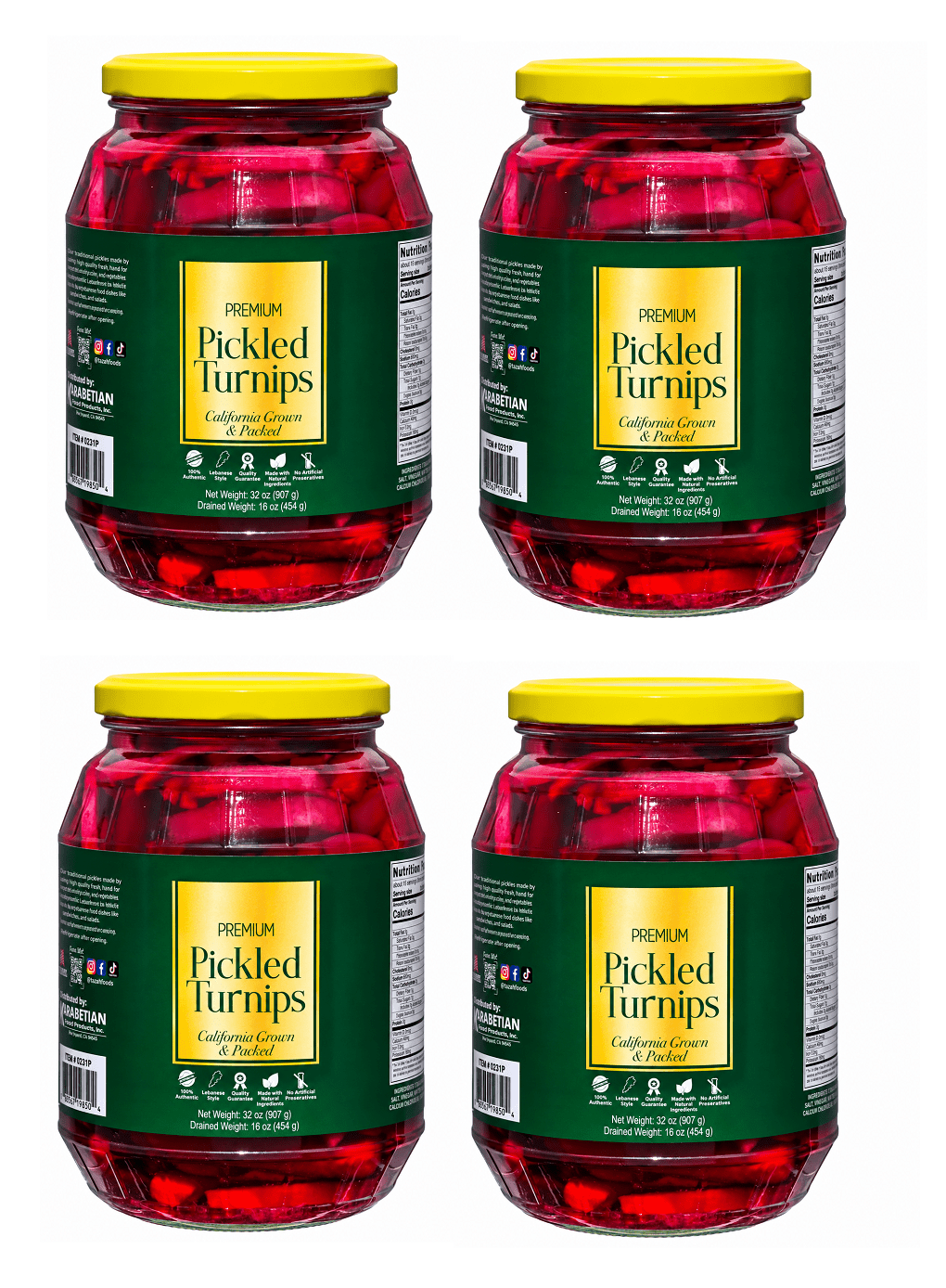 Pickled Turnips Lebanese-style  Four (4) Glass Jar Drain Weight 16oz