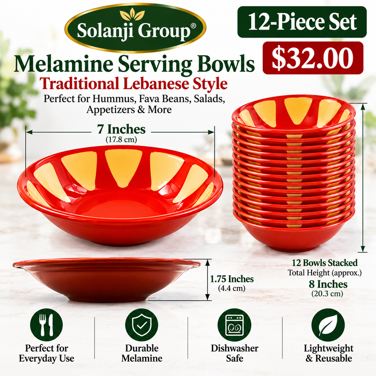 Melamine Bowls - Lebanese Traditional Hummus & Foule Mudammas (12) Standard Size Bowls 7" x 1.75"