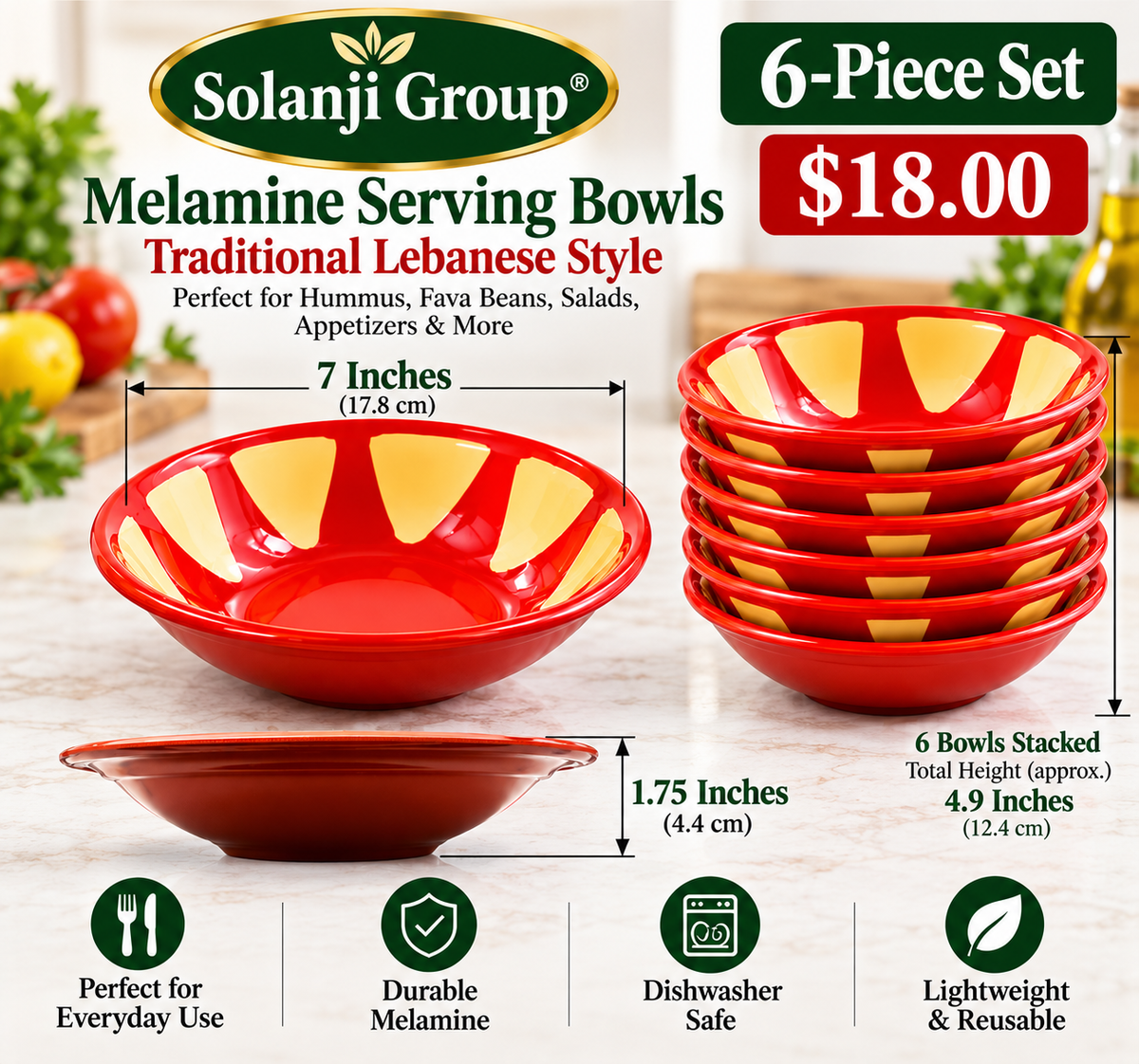 Melamine Bowls - Lebanese Traditional Hummus & Foule Mudammas (6) Standard Size Bowls 7" x 1.75"
