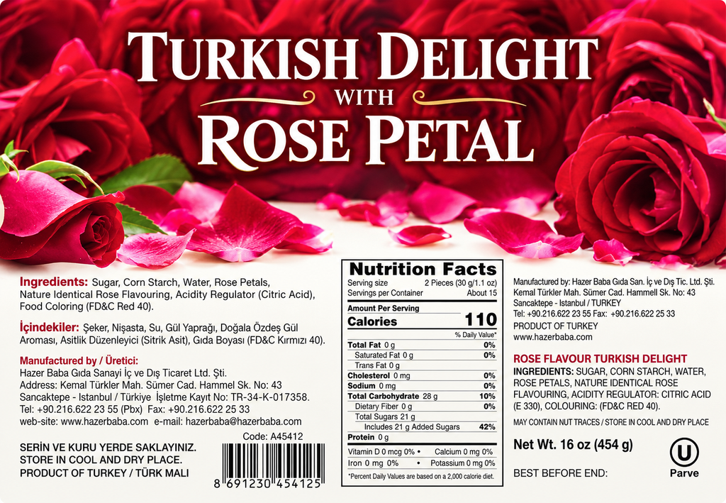 Turkish Delight With Rose Petal (Halal)- Net Wt. 16oz / 454g - One (1) Pack