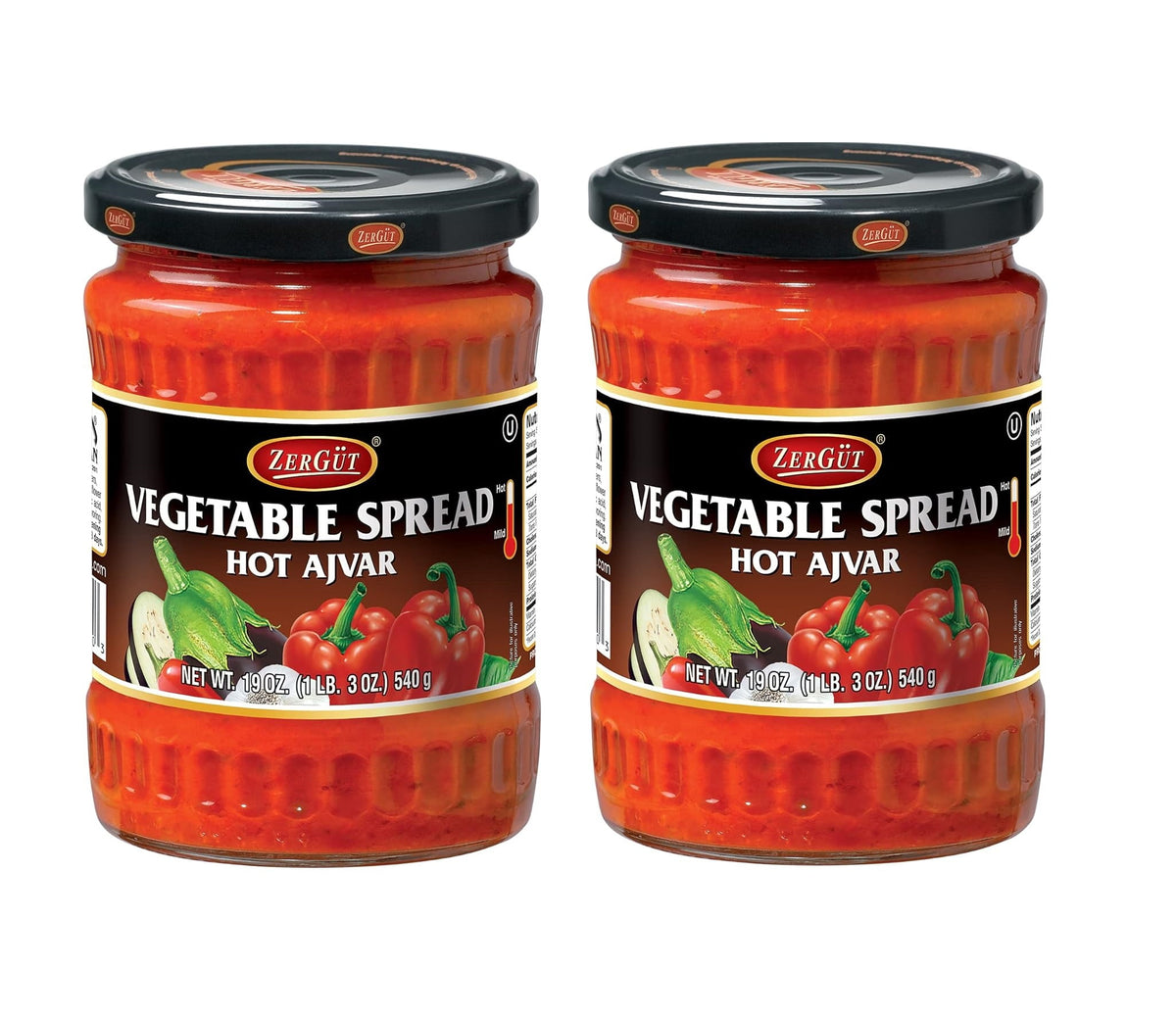 ZerGut Ajvar, Hot, Two (2) Glass Jars 19oz. (450g)