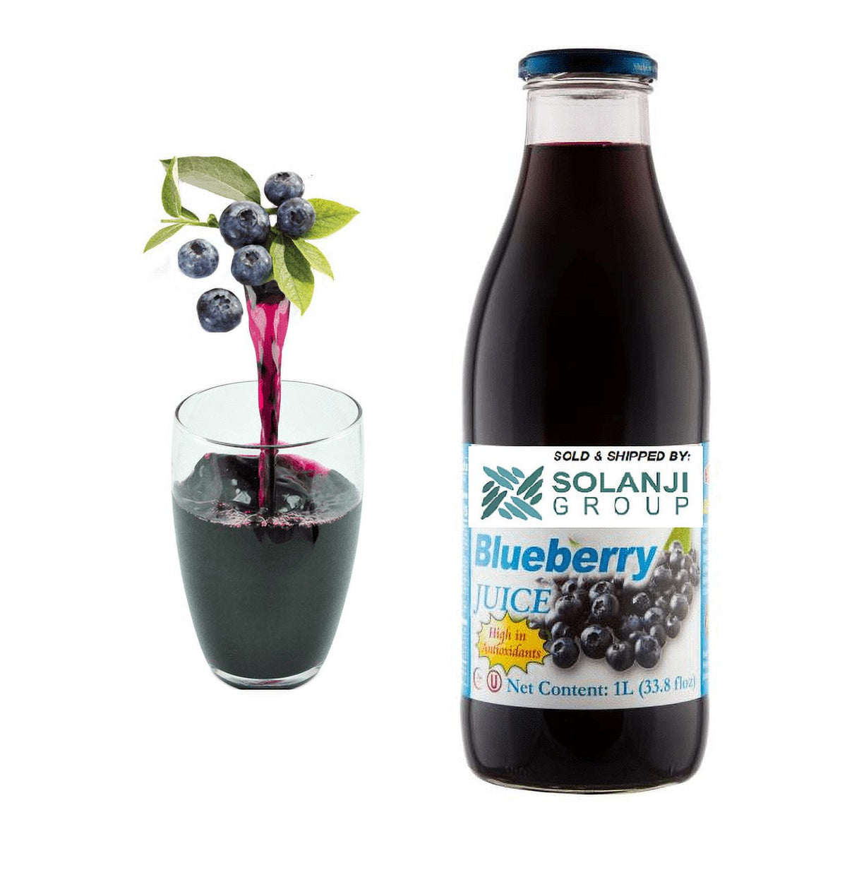 Blueberry Juice Net 33.8 fl.oz (1 Ltr.) - Two (2) Glass Bottles - High in Antioxidants