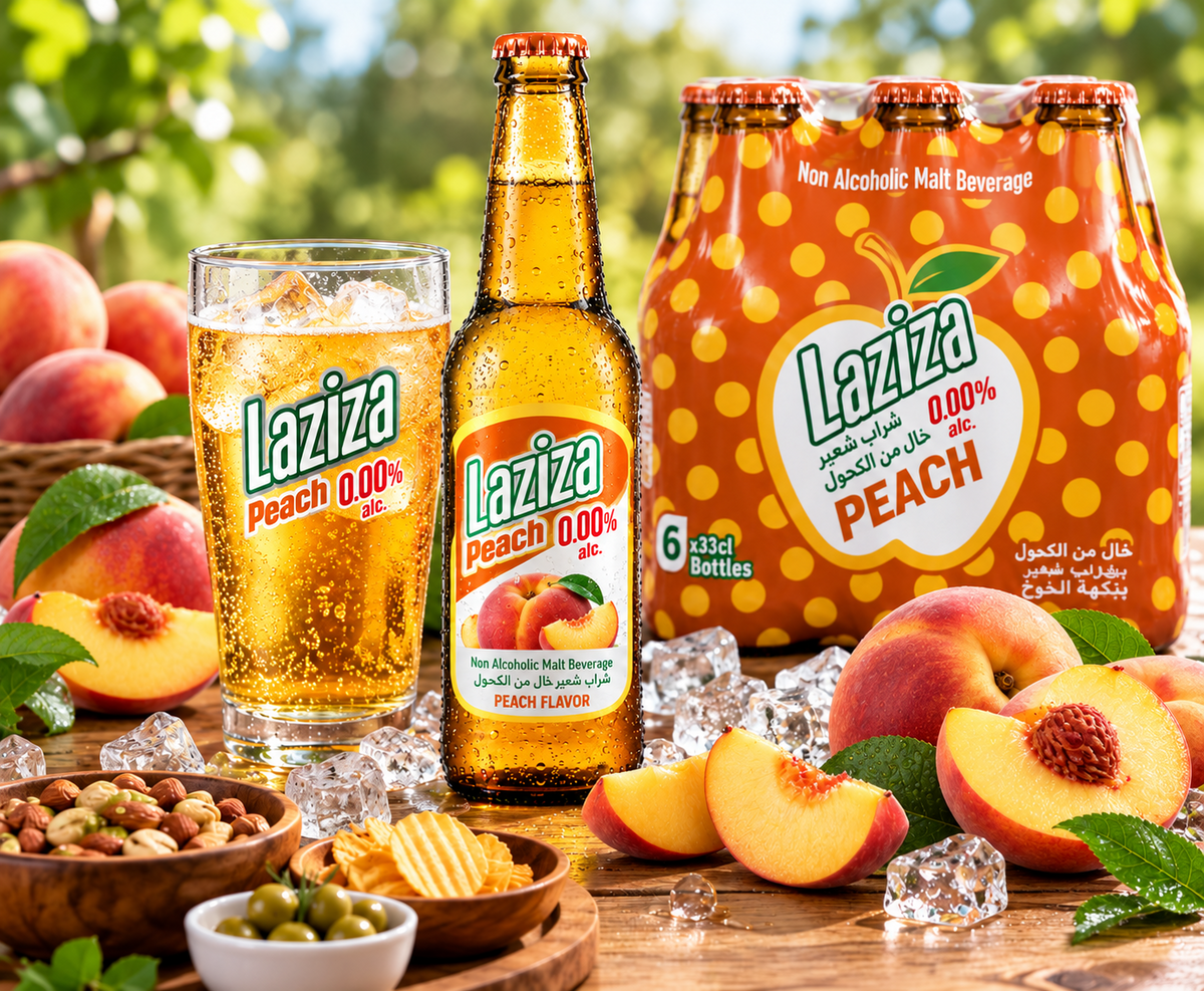 Laziza Peach Flavor Non-Alcoholic Malt Beverage – 6 Pack, 11.2 fl oz (330 mL) Glass Bottles
