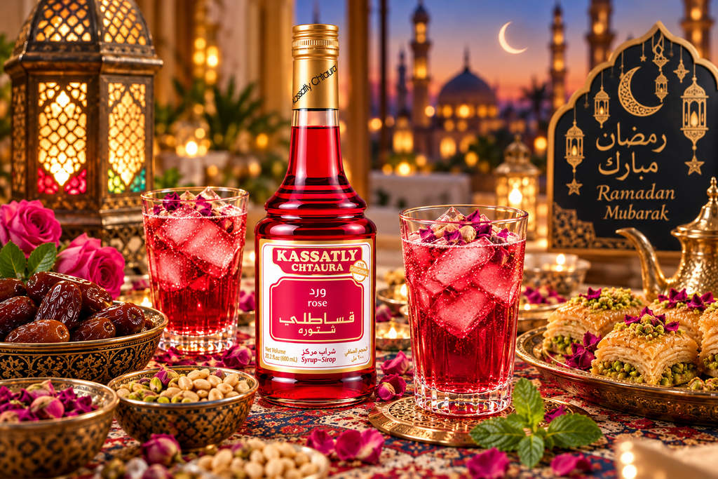 Kassatly Chtaura Original Lebanese Rose Syrup, Traditional Middle Eastern Drink Concentrate, 20.2 fl oz (600 mL) Glass Bottles, Pack of 4