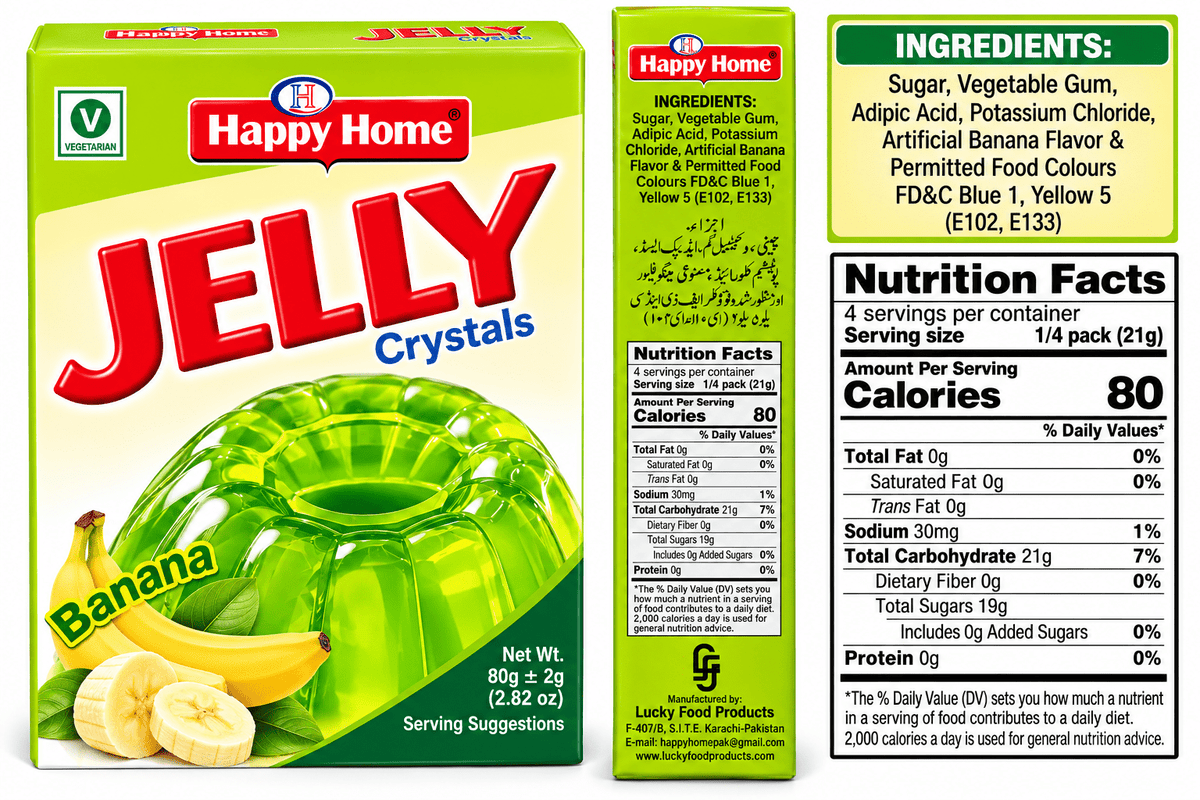 Happy Home Banana Halal Jelly Crystals, 80 g Boxes, 6-Pack
