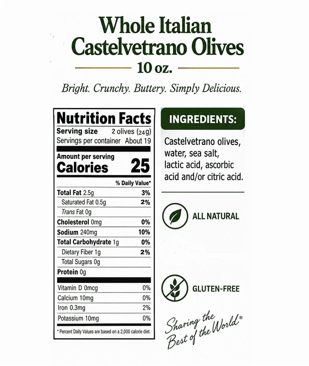 Italian Castelvetrano Whole Green Olives One Glass Jar DR. WT. 10 oz (283g)