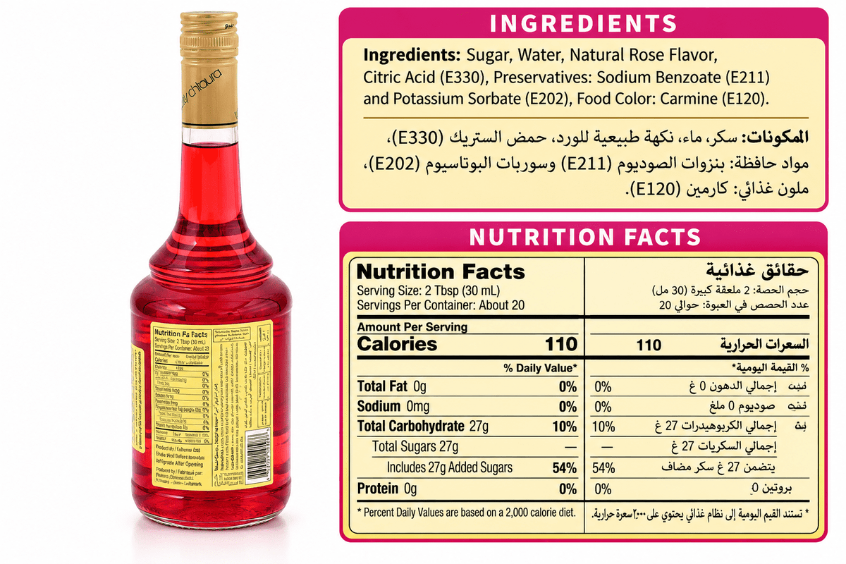 Kassatly Chtaura Original Lebanese Rose Syrup, Traditional Middle Eastern Drink Concentrate, 20.2 fl oz (600 mL) Glass Bottles, Pack of 4
