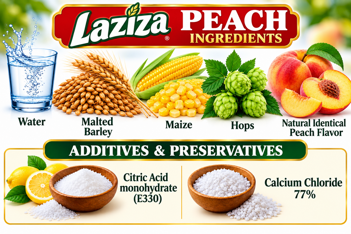 Laziza Peach Flavor Non-Alcoholic Malt Beverage – 6 Pack, 11.2 fl oz (330 mL) Glass Bottles