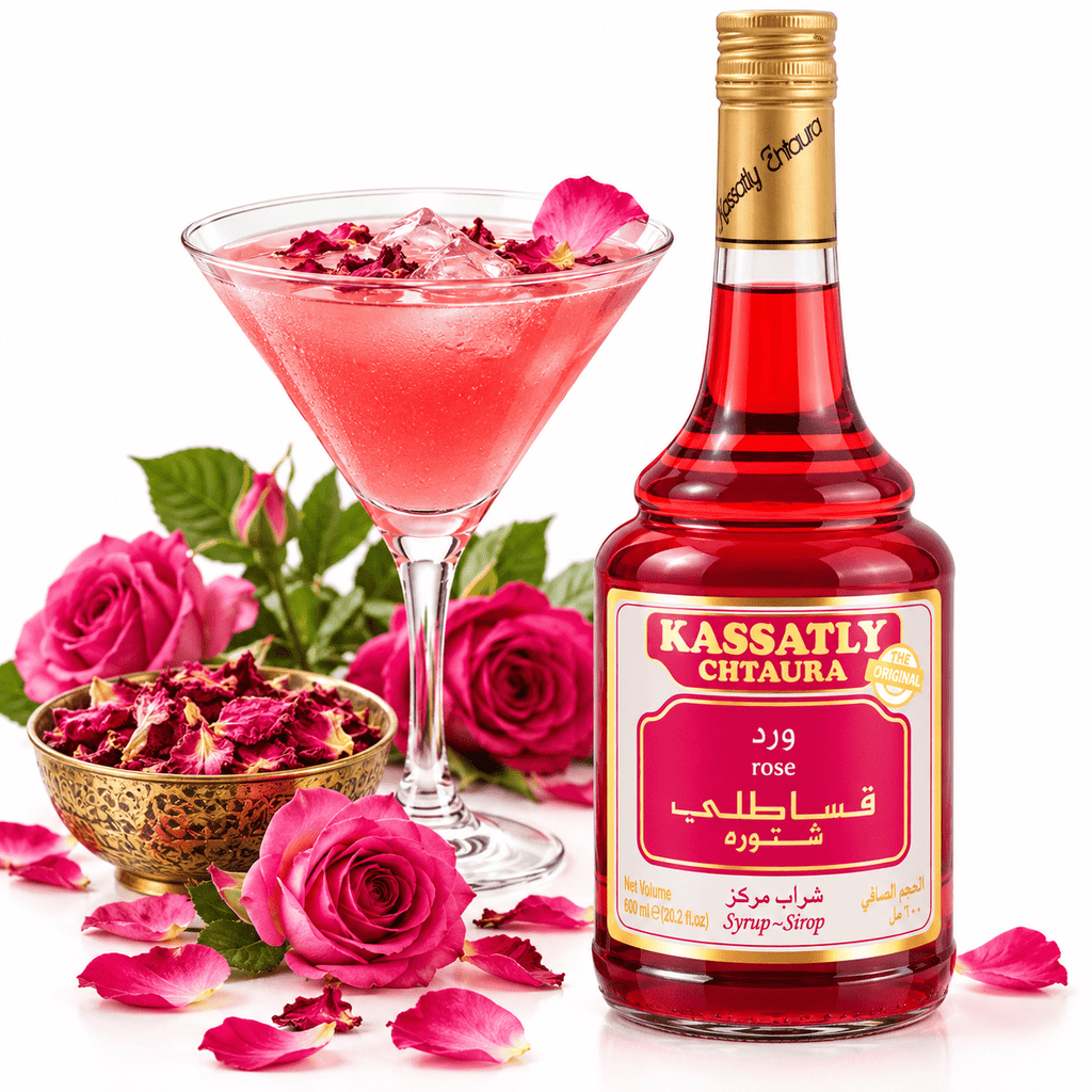 Kassatly Chtaura Original Lebanese Rose Syrup, Traditional Middle Eastern Drink Concentrate, 20.2 fl oz (600 mL) Glass Bottles, Pack of 4