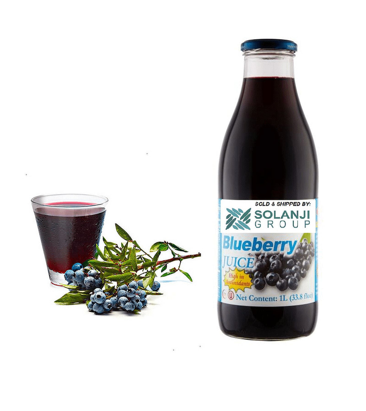 Blueberry Juice Net 33.8 fl.oz (1 Ltr.) - Two (2) Glass Bottles - High in Antioxidants